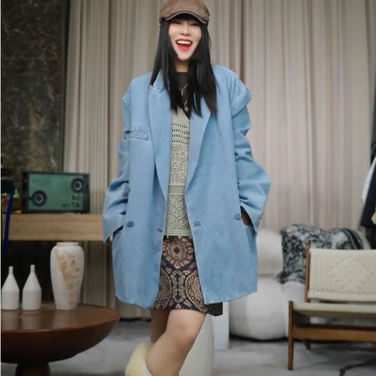 infobyfive福利秋冬浅蓝色老钱风复古牛仔西装外套五店NF0507719