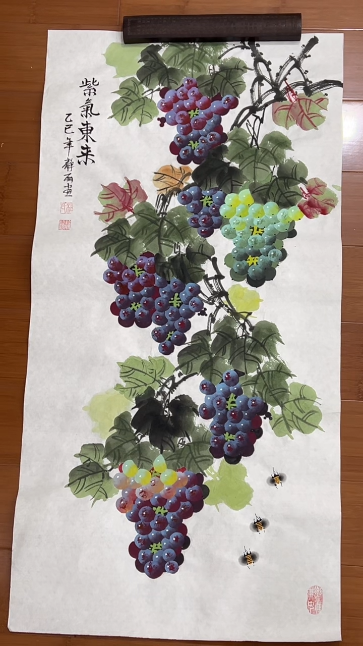 国画【福利，纯手工手绘】杜静丽葡萄竖版98*50厘米