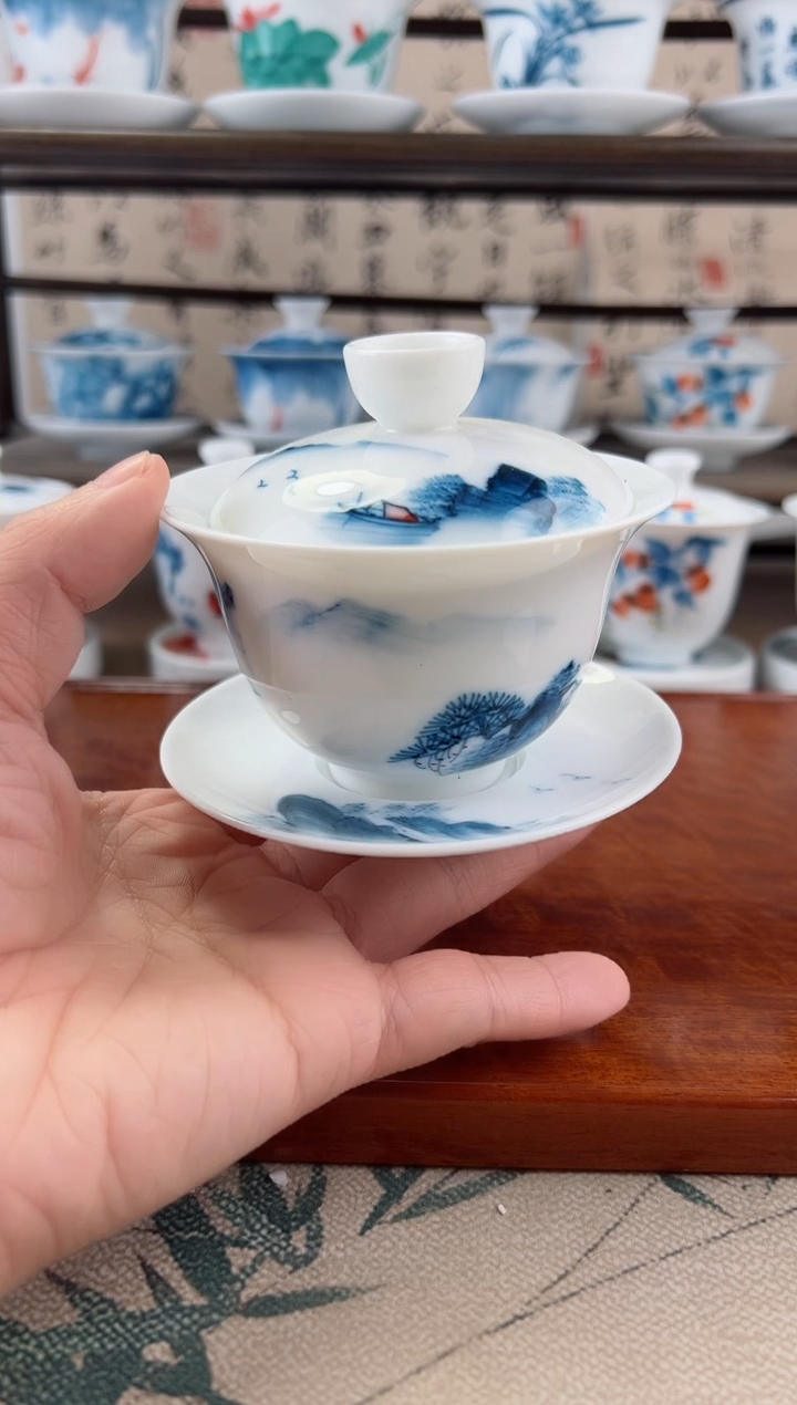 微瑕千里江山150ml三才盖碗