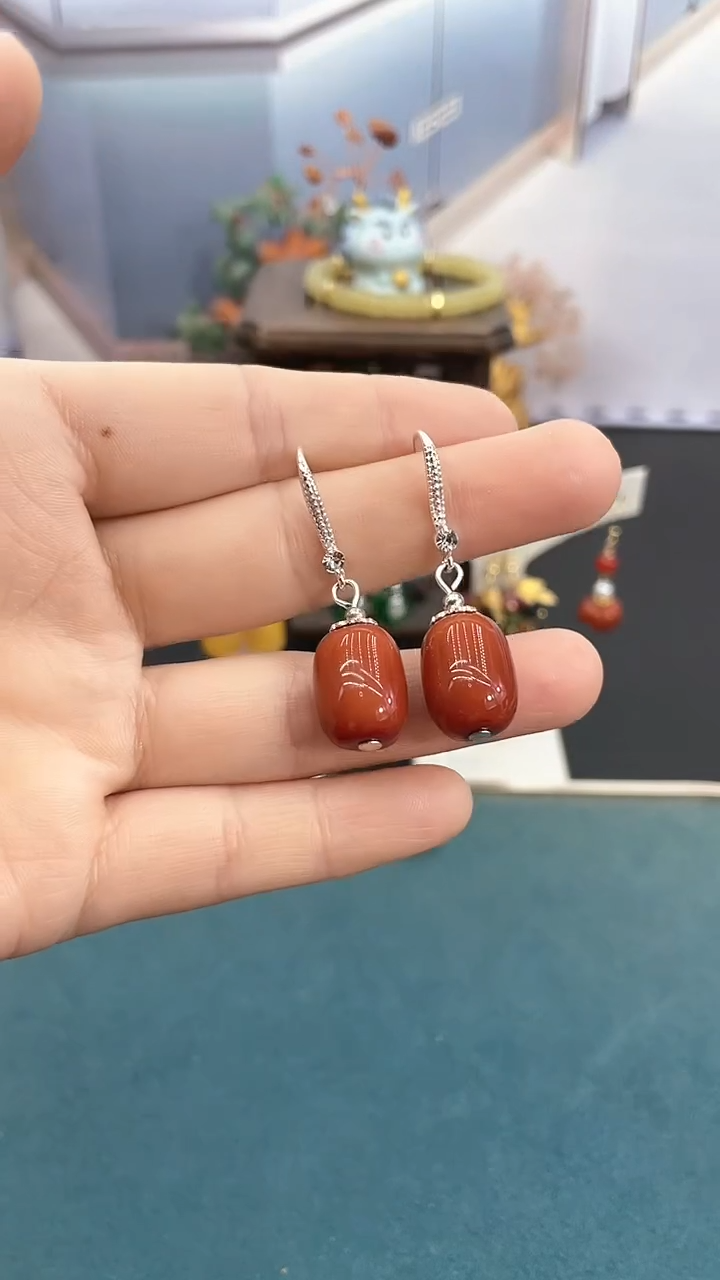 银S925镶嵌南红玛瑙耳饰南红路路通耳钩
