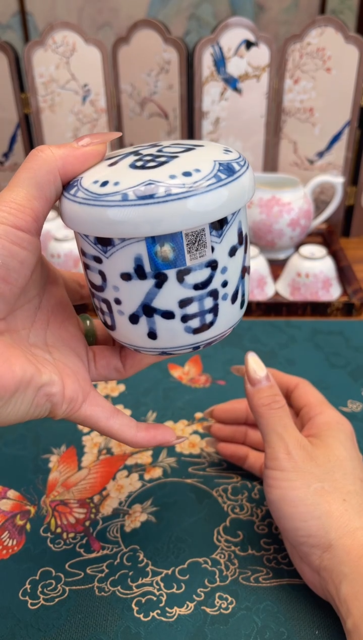 瓷片蓝凛堂盖杯蒸盅