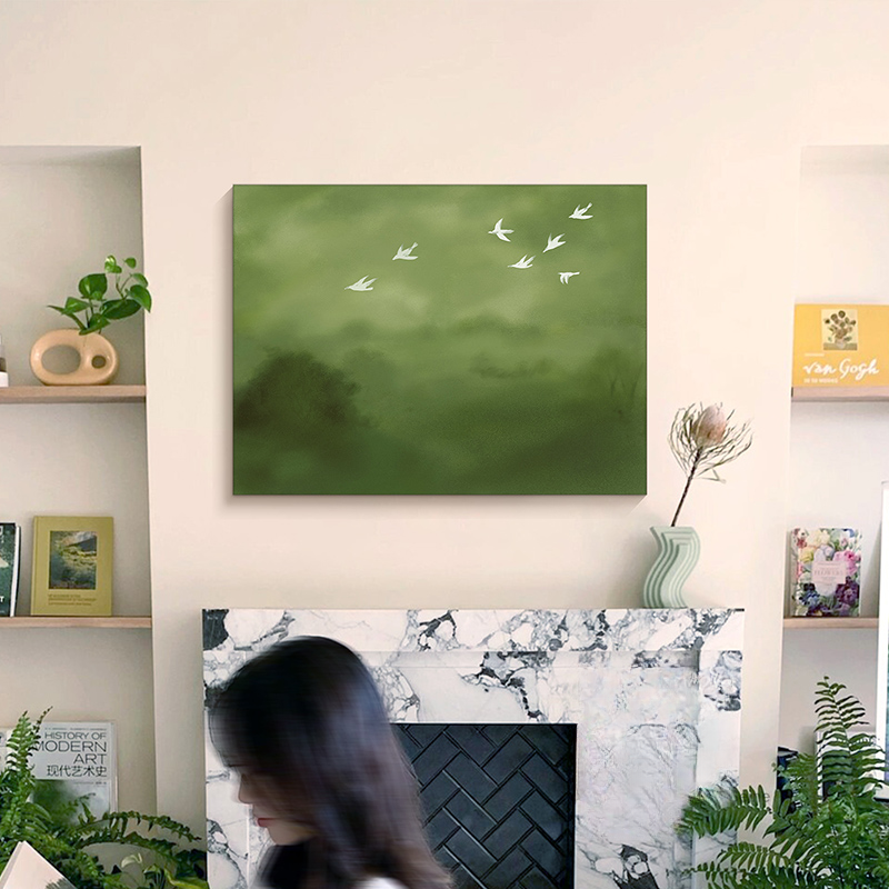 《雁南飞》法式中古风客厅装饰画春天绿色风景卧室挂画高级感壁画