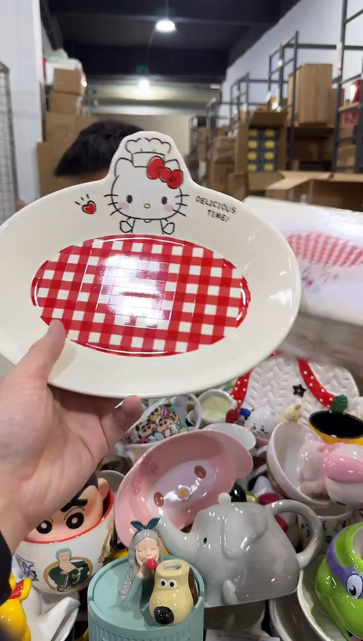 瓷片原盒kt猫红格子餐盘