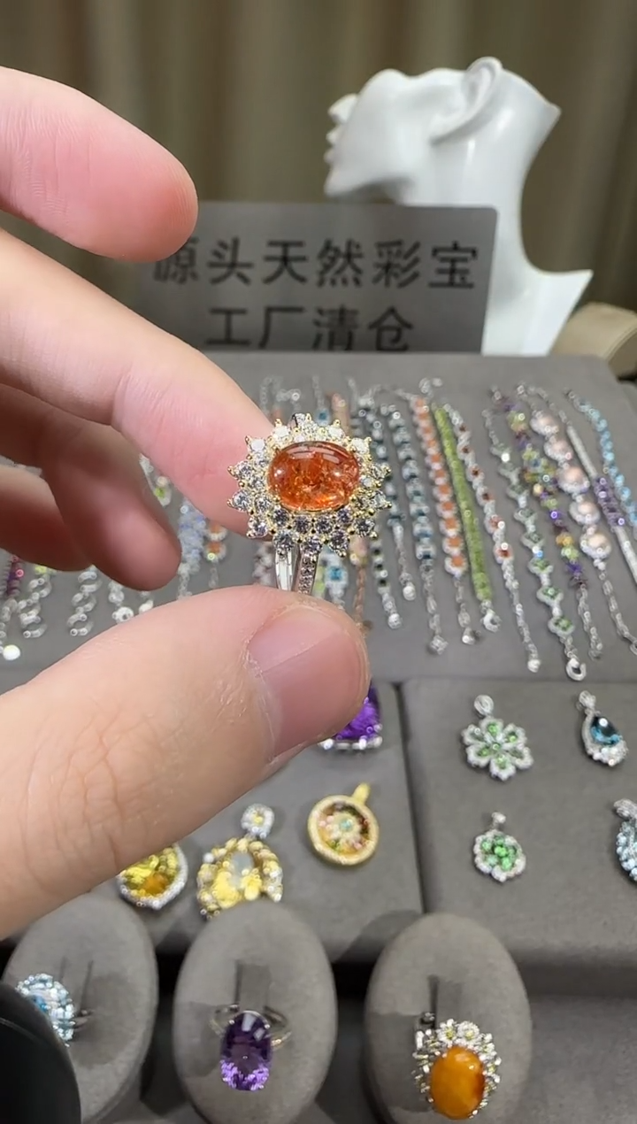 银S925镶嵌戒指日光石9*7mm戒指金太阳