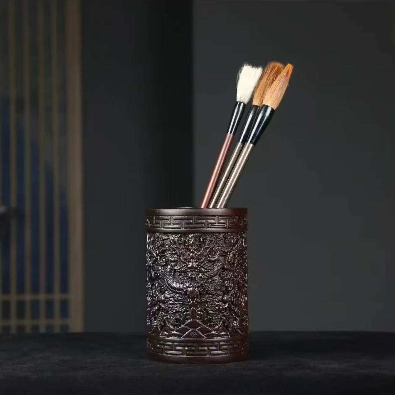 三匠 紫光檀御天五龙笔筒 10.5*15cm