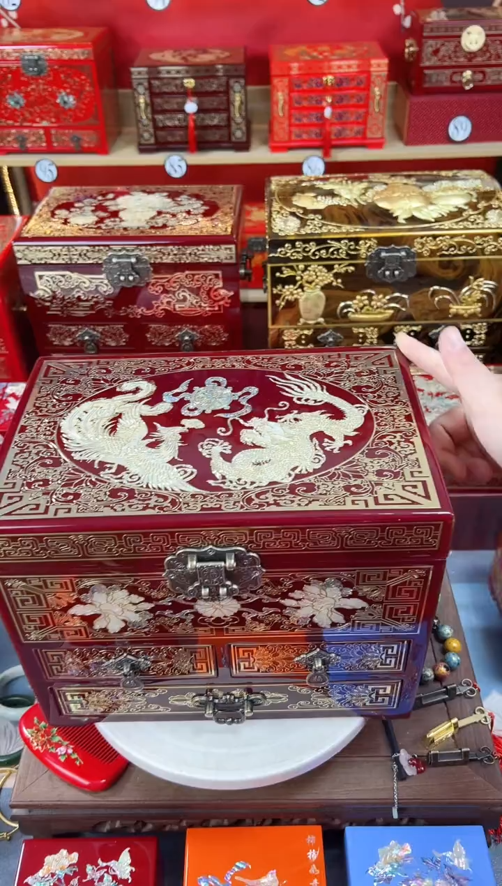 【闪购商品】28厘米新四层三抽掐丝螺钿酒红色龙凤