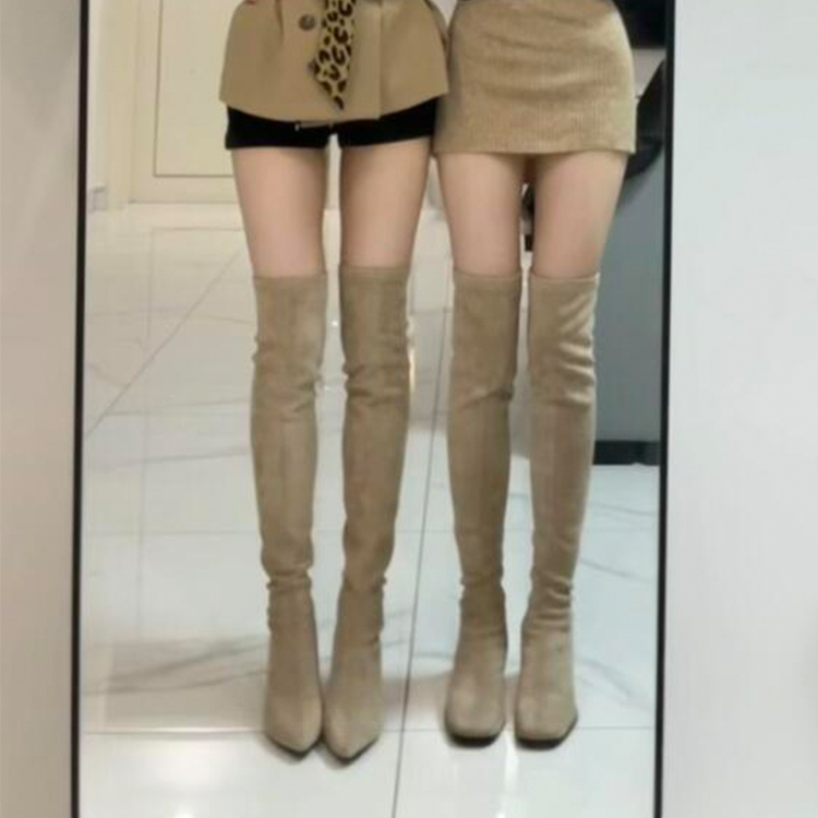 冬季尖头高筒靴粗高跟弹力靴子女2025新款长靴女过膝长筒靴卡其色