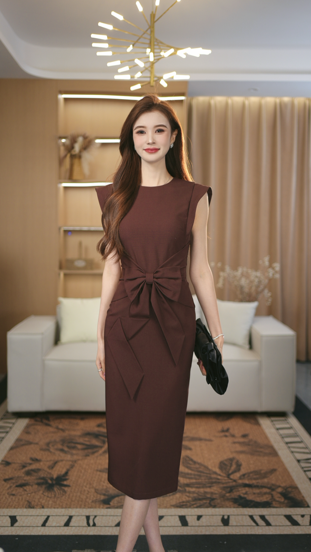  罗曼定制 高定原创蝴蝶结收腰优雅显瘦通勤中长款连衣裙女