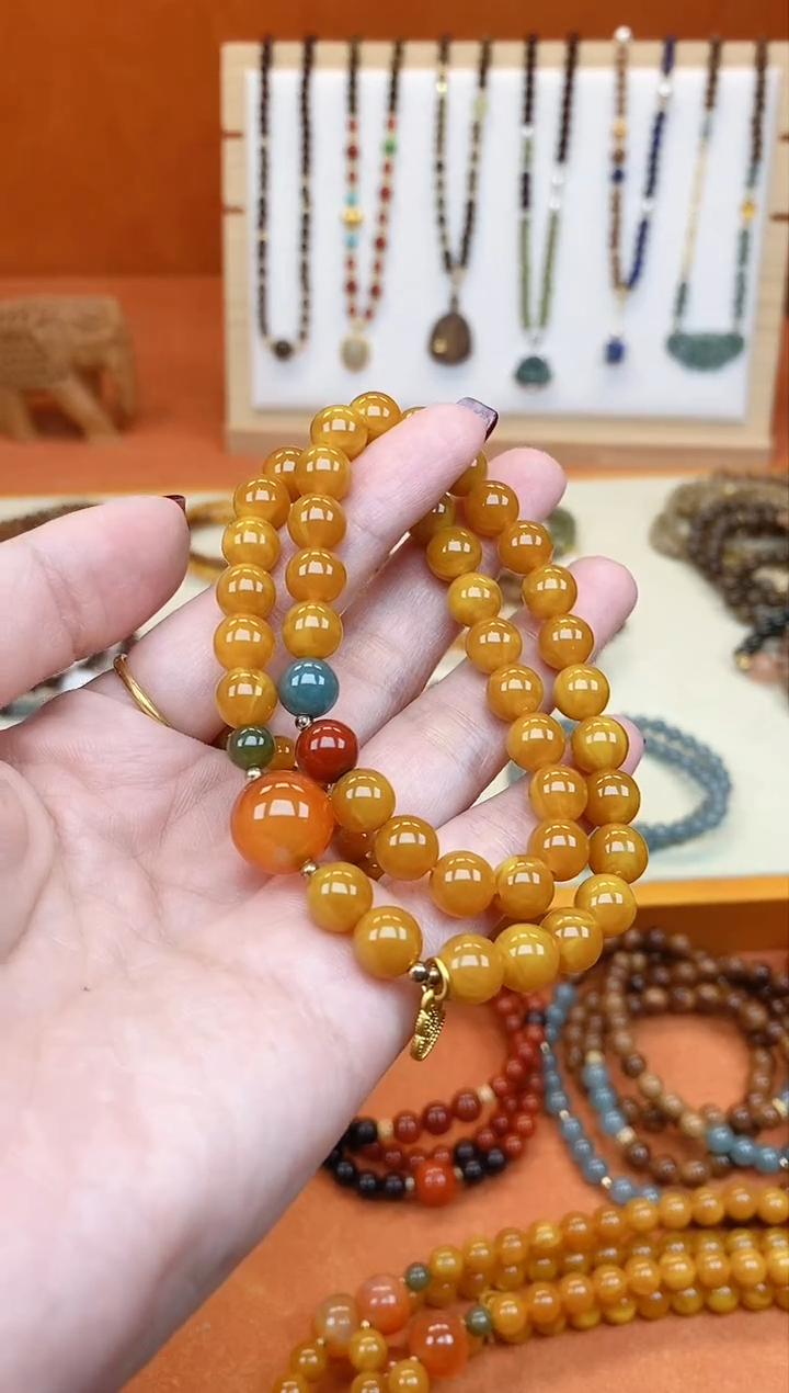 手链蜜蜡未镶嵌双圈蜜蜡和田南红蓝水手串