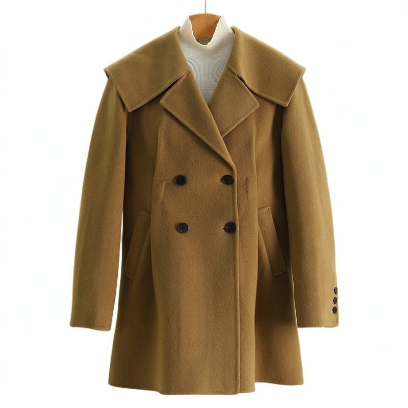 F8367-【力】韩版大方领双排扣收腰气质中长款双面呢#VOS58B035