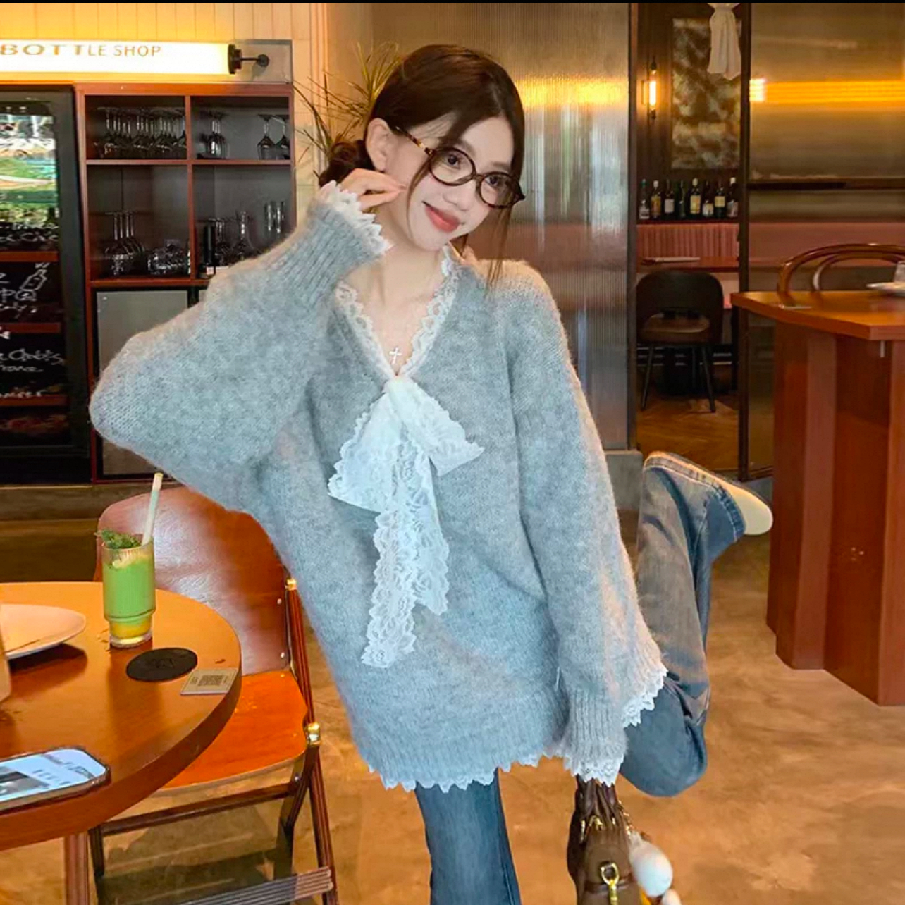 [扶瑶】拼接韩版时尚毛衣长袖冬季宽松慵懒风薄款毛针织衫