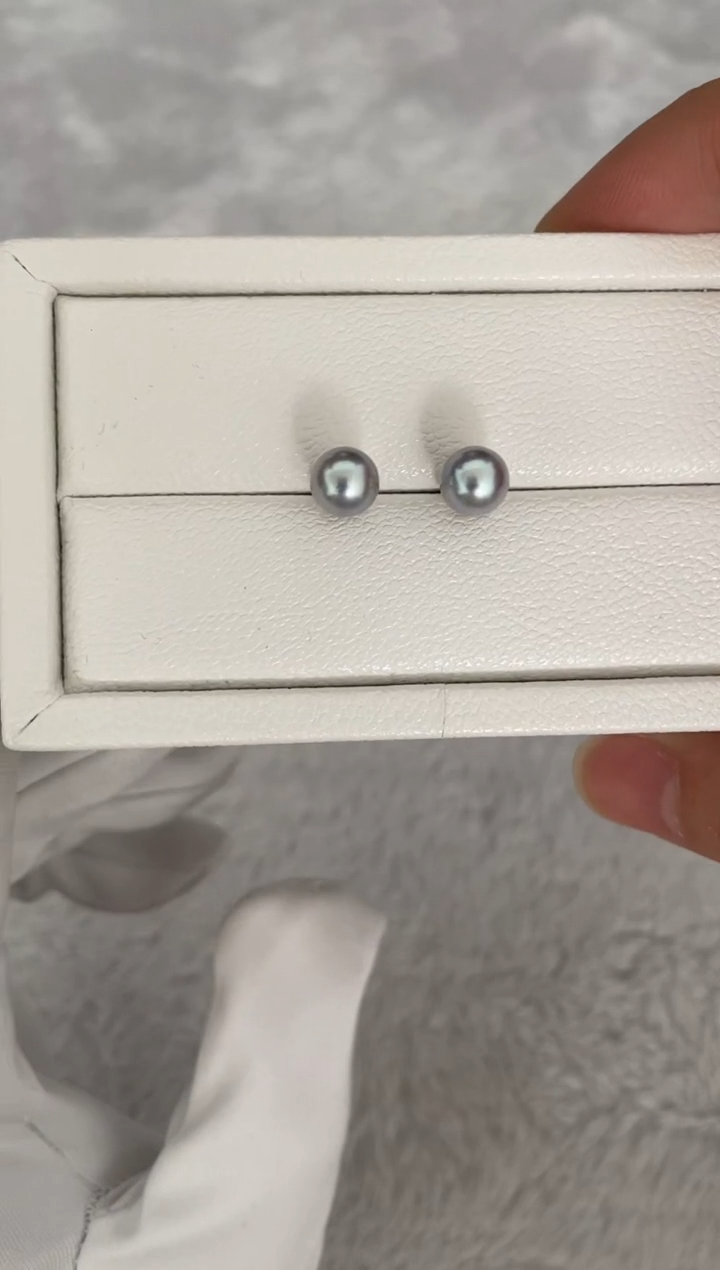 银S925镶嵌耳钉海水珍珠AK真多麻素钉7-7.5mm