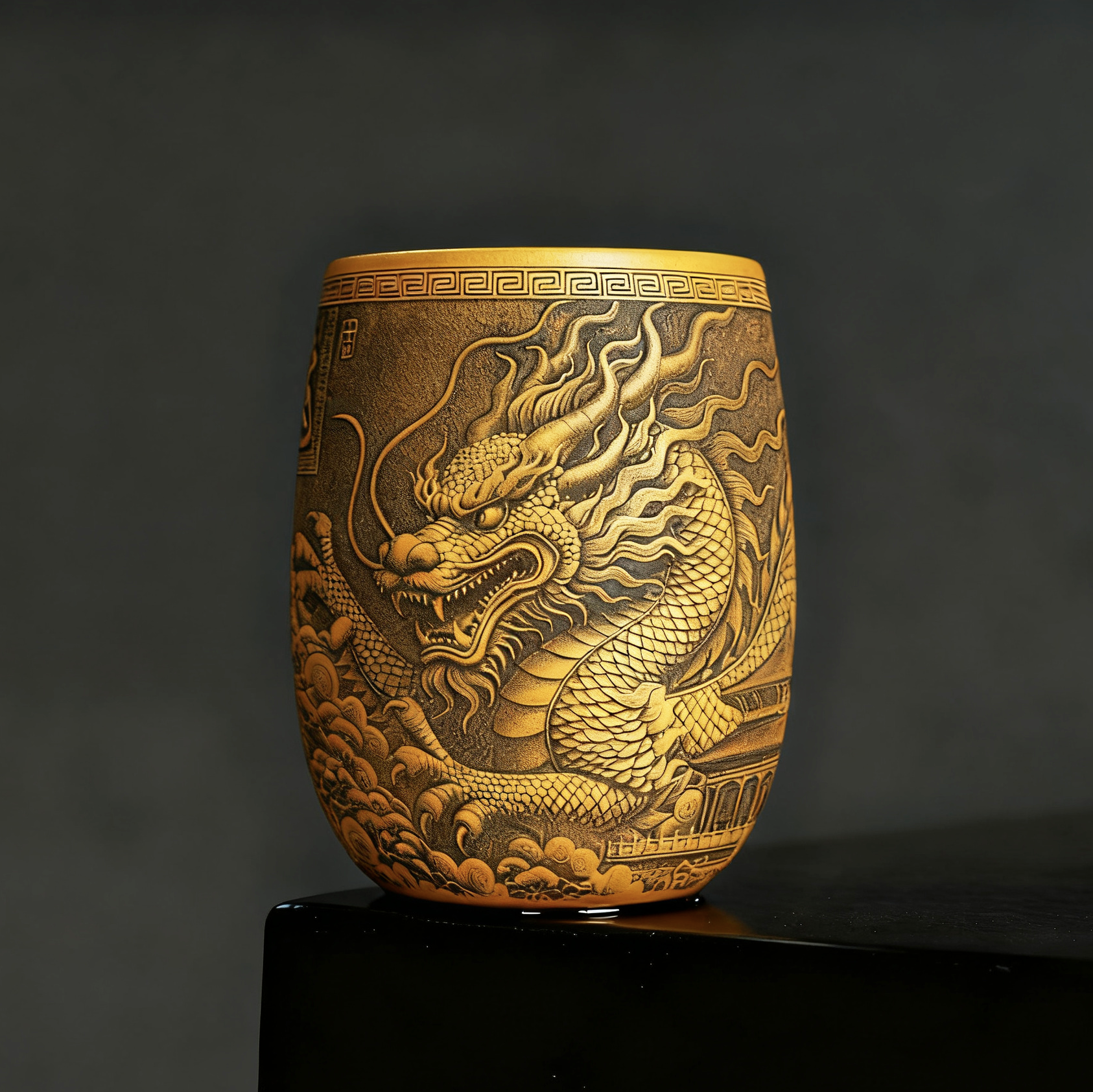 宜兴手工紫砂管庆飞原矿黄金朱泥浮雕龙腾刻绘朱泥品茗杯主人杯