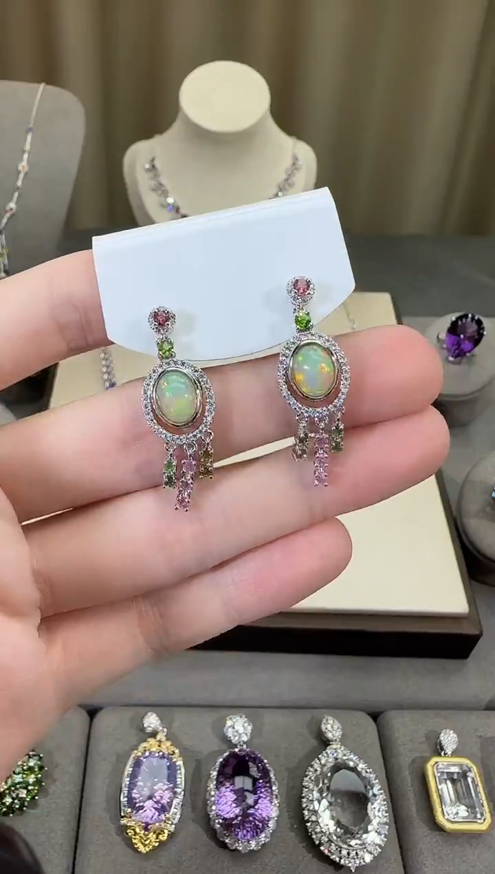 银S925镶嵌欧泊珠宝奇石9*7mm耳坠高级款