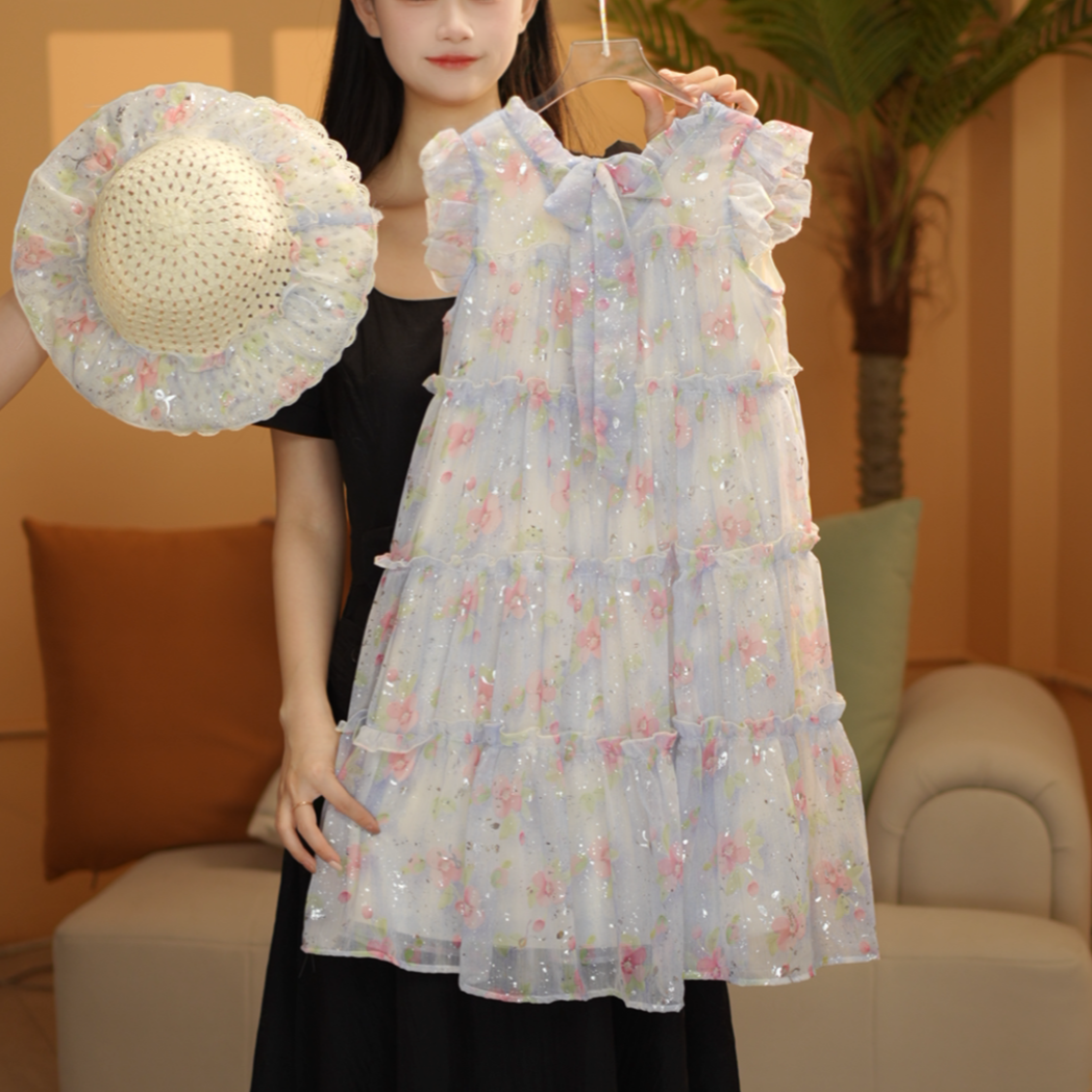 女童连衣裙2025夏季新款甜美小飞袖花海女孩连衣裙XQZ25029