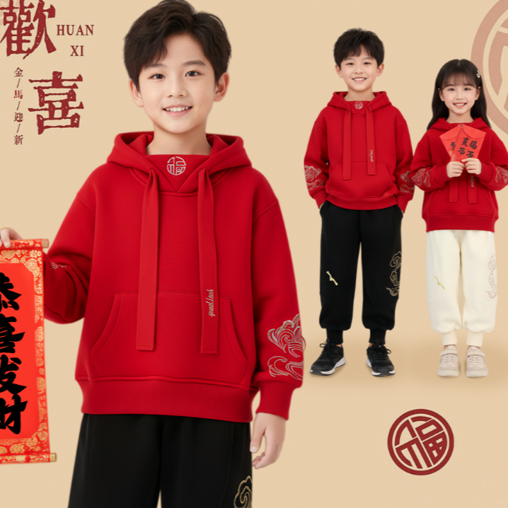 冬季男童女童红色卫衣洋气儿童加绒套头年服连帽童装上衣D3T3-554