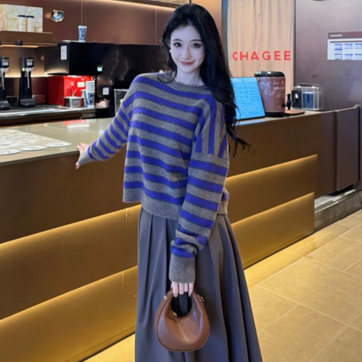「雾紫织梦」商场同款秋新款撞色条纹宽松毛衣慵懒风针织衫女138105