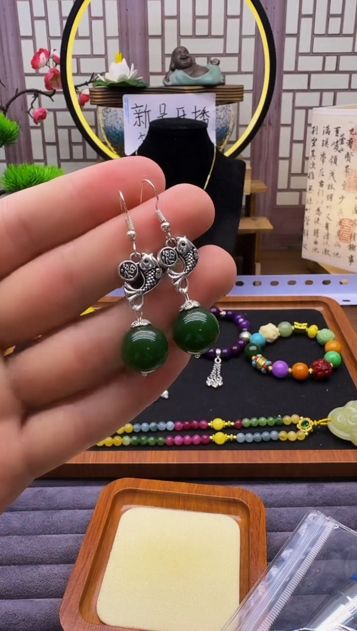 和田玉银S925镶嵌耳饰E10