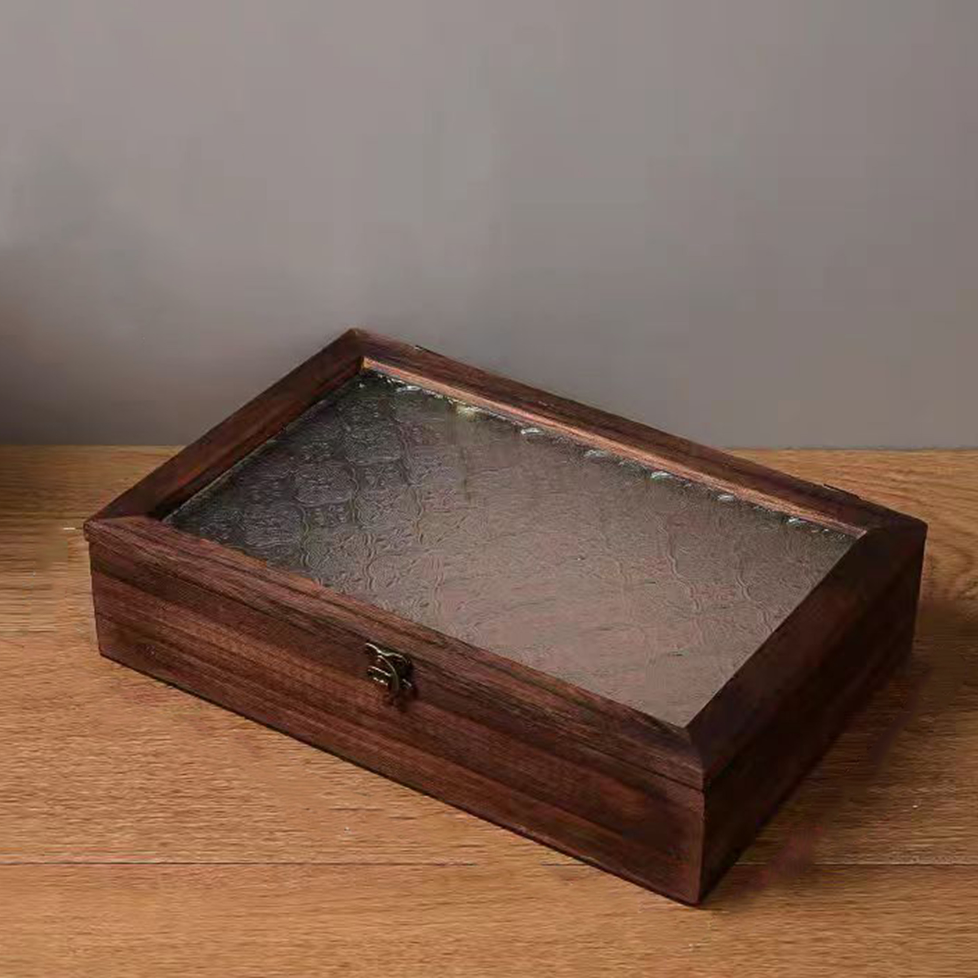 实木海棠花玻璃收纳盒复古精致木盒子中式木纹方形实木质1130