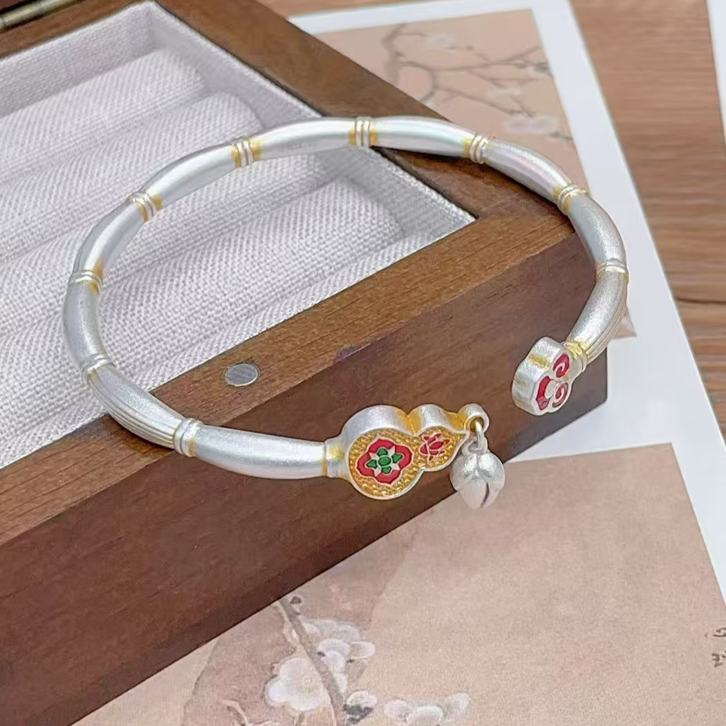 足银手镯 足银999.9【相思扣】描金古风手镯