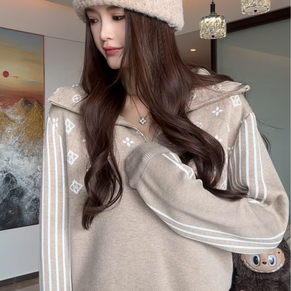 潇潇# 调性回归～25秋冬高级感老花提花翻领半拉链套头针织衫