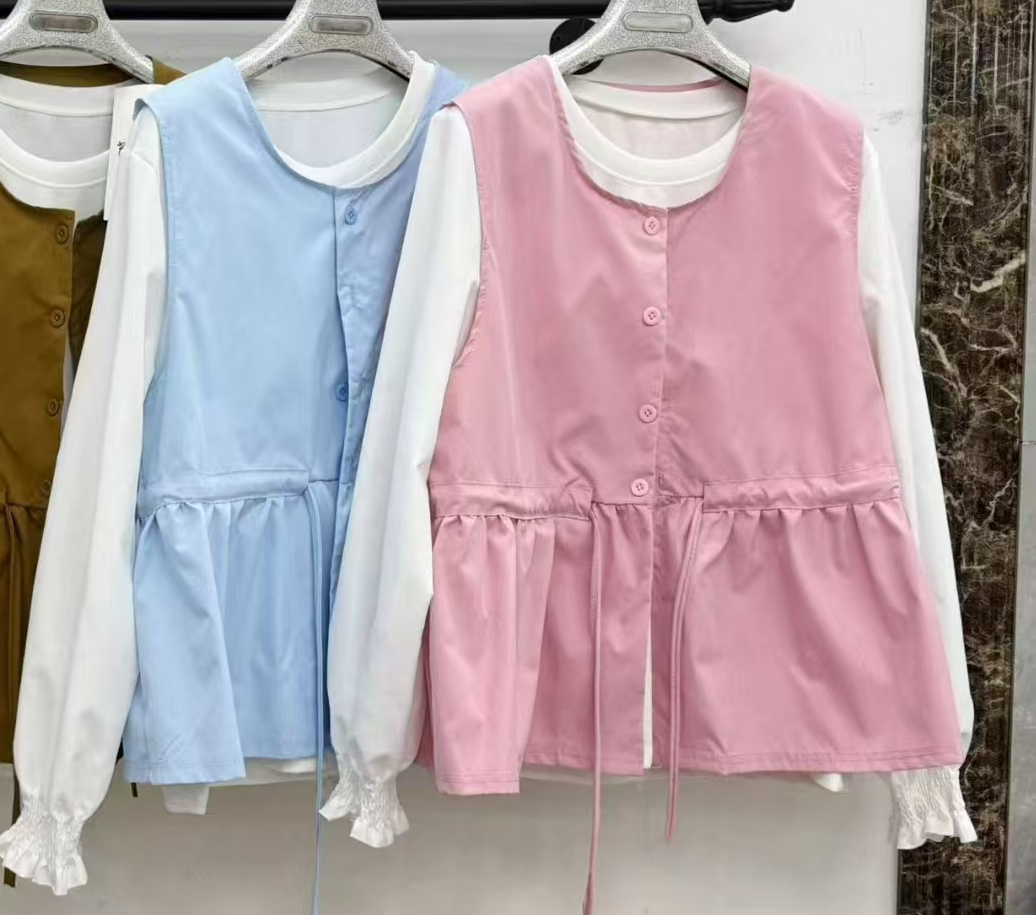 2025春季新款大码女装胖MM欧货时尚收腰系带显瘦马甲打底衫套装女