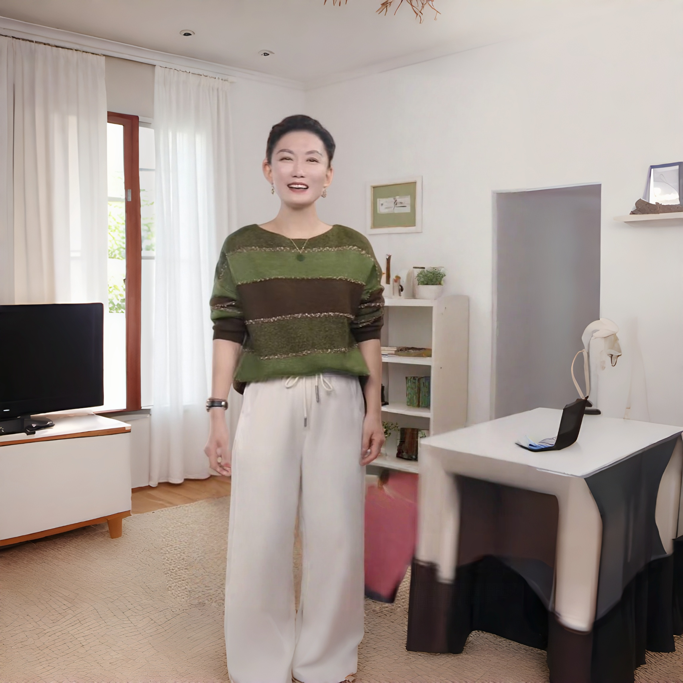 【格一专场】女圆领落肩袖针织条纹纯色衫慵懒风毛衣时尚7021