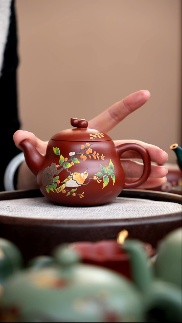茶壶紫砂朱泥葫芦壶葫芦钮泥绘黄鸟 