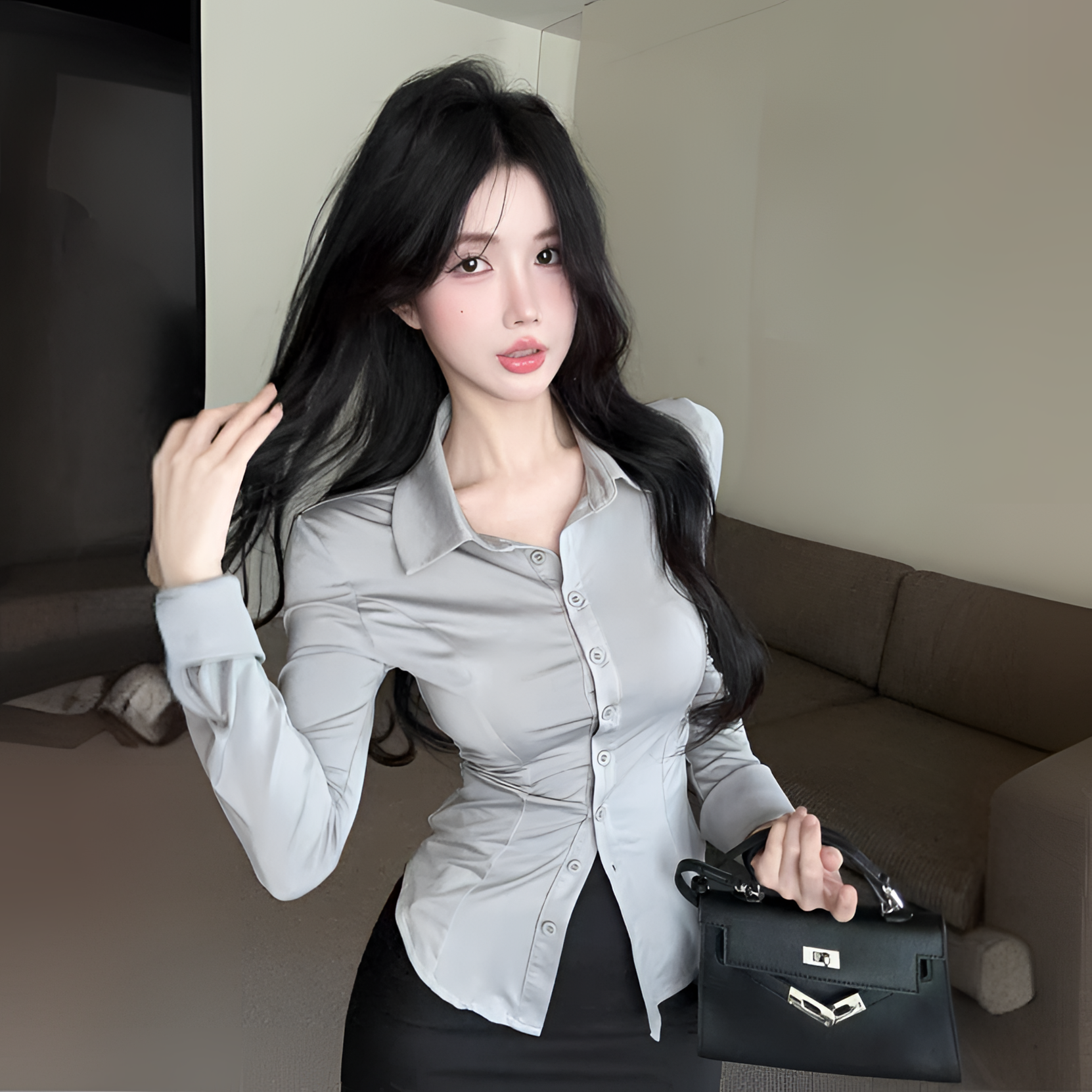 【精选专属】御姐气质套装收腰显瘦长袖衬衫+高腰开叉辣妹包臀裙女