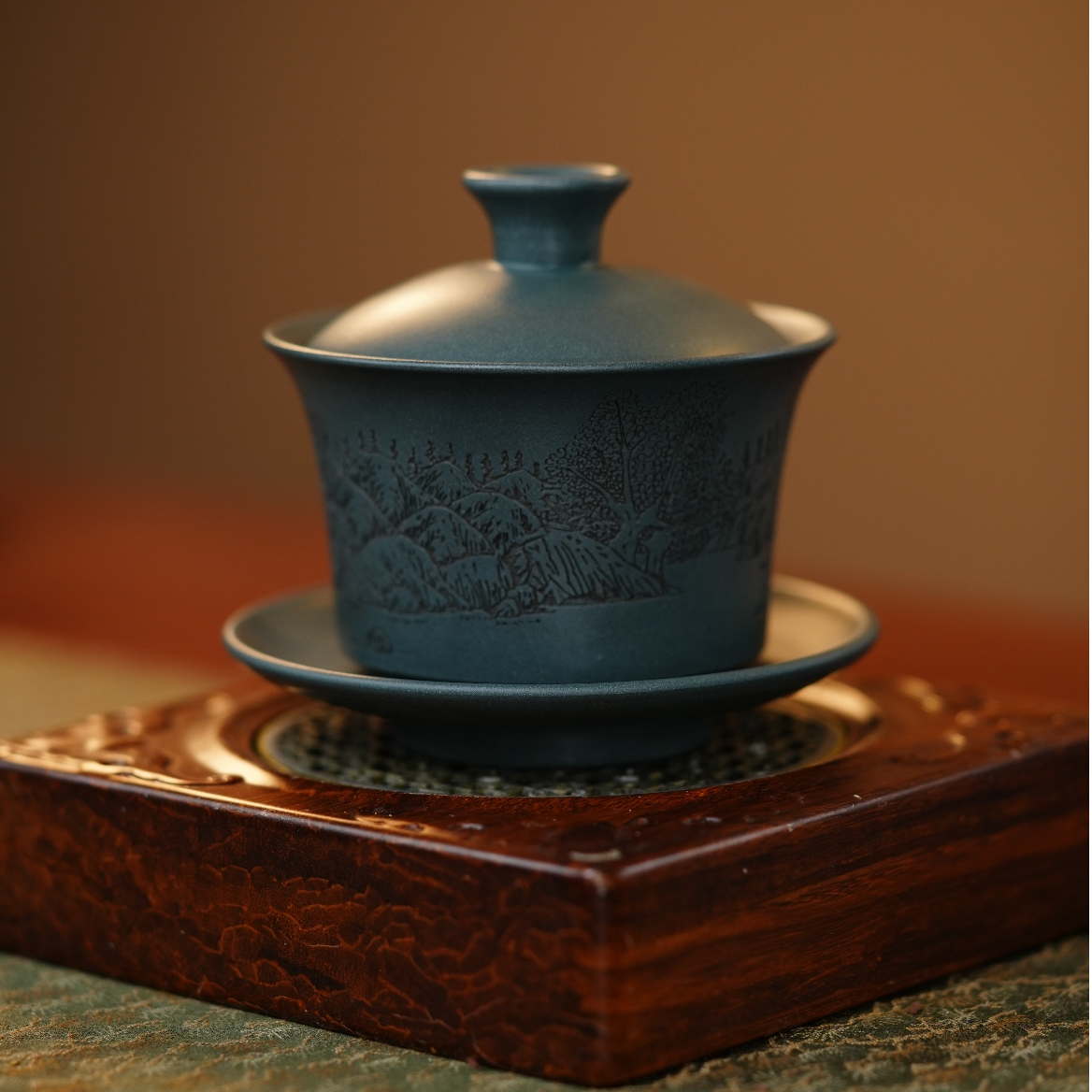 【张勇山水盖碗】宜兴紫砂老料山水满刻紫砂三才盖碗