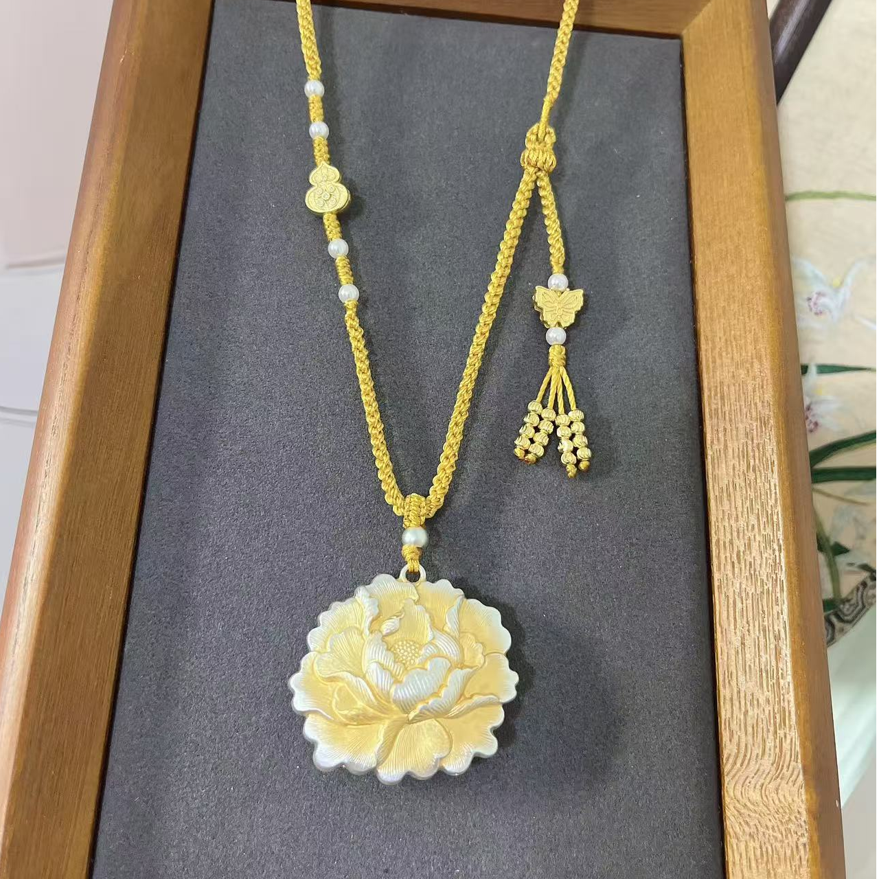 吊坠足银 足银999描金牡丹花吊坠新中式国风项链手工气质白色轻奢