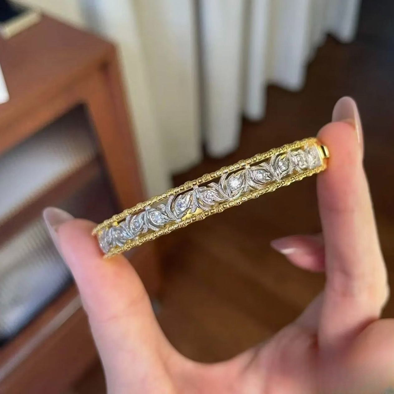 18K金钻石窄布布分色镂空手镯 CZ (定制品质48小时鉴赏期)