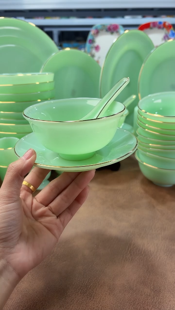 玉瓷   三件套碟碗勺10套  