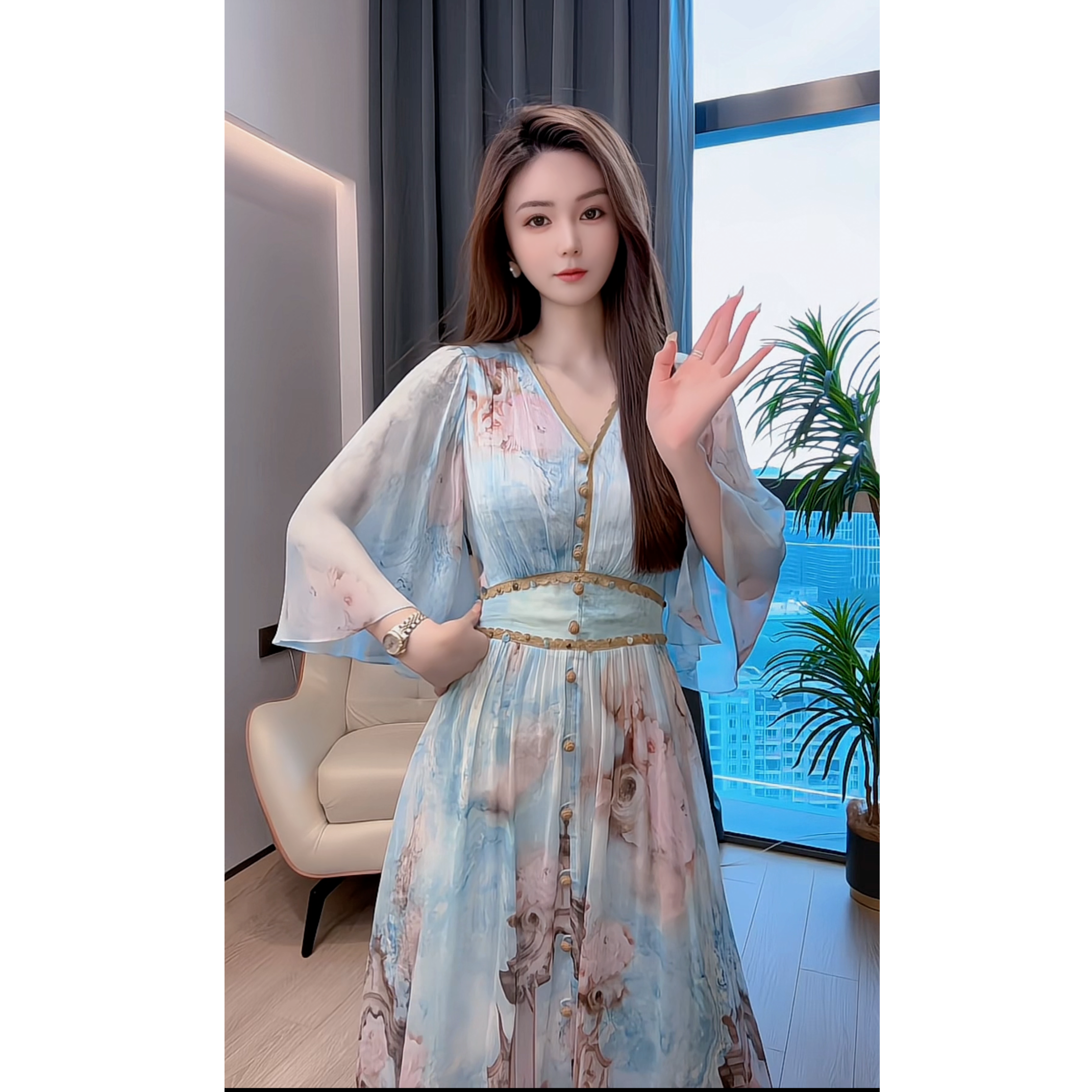 【深圳米熙儿】桑蚕丝亚麻夏季印花收腰连衣裙1098