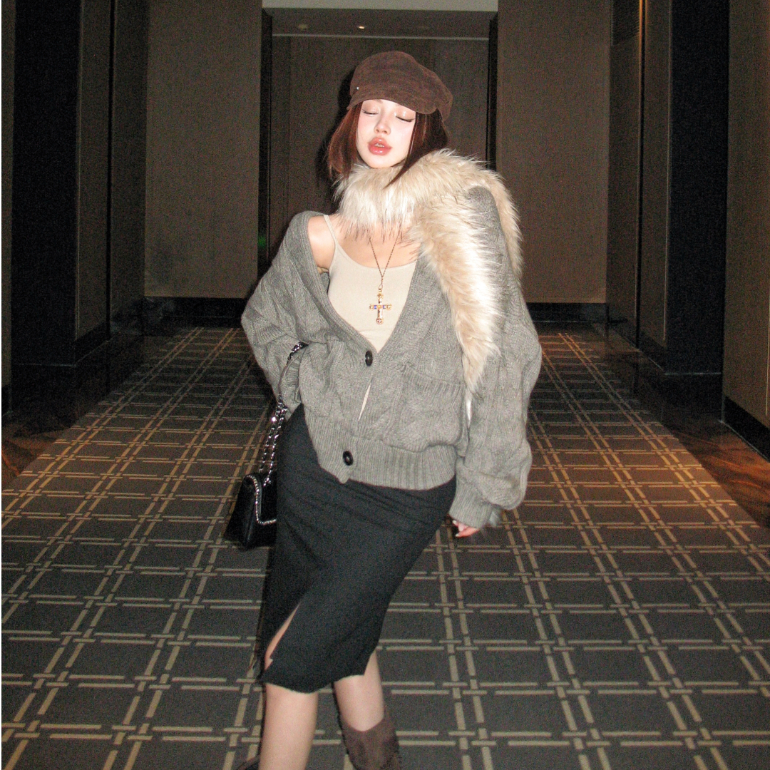 手工感编织复古粗麻花针织开衫+前中开衩显瘦鱼尾包臀裙套装