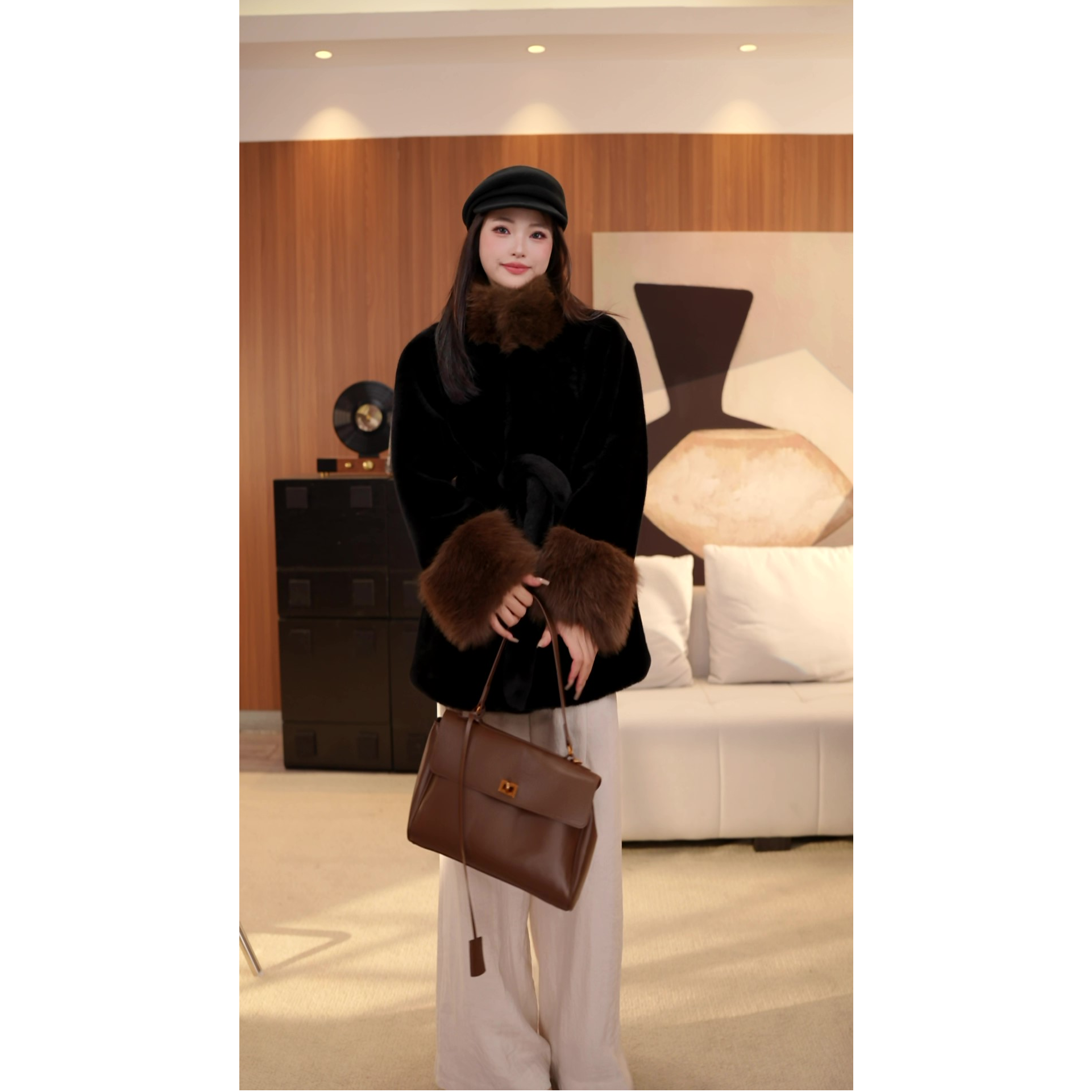 【冬日摩洛哥】女士时尚气质百搭撞色显瘦毛毛外套-15