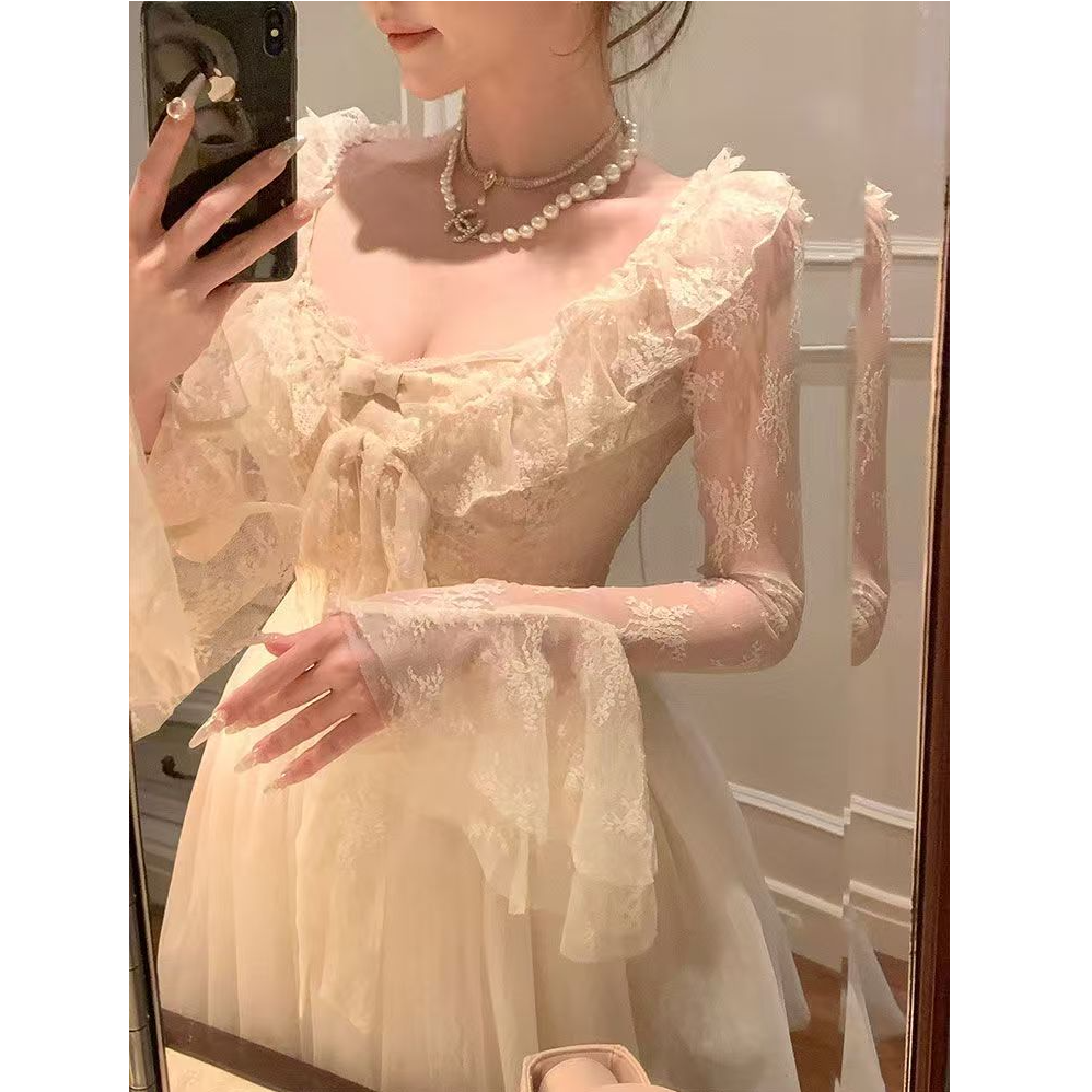 【小美】大码春季法式蝴蝶结收腰连衣裙系带长袖蕾丝开衫