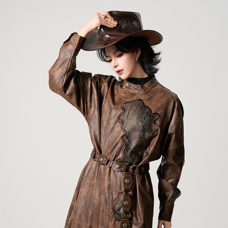 等云来【编号101】正品原创改良圆领汉元素风衣新中式棕色皮革风衣