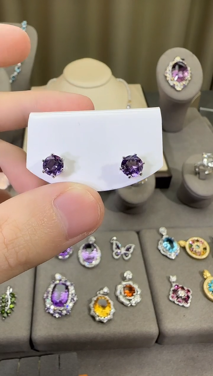 银S925镶嵌耳饰紫晶6mm耳钉简约款