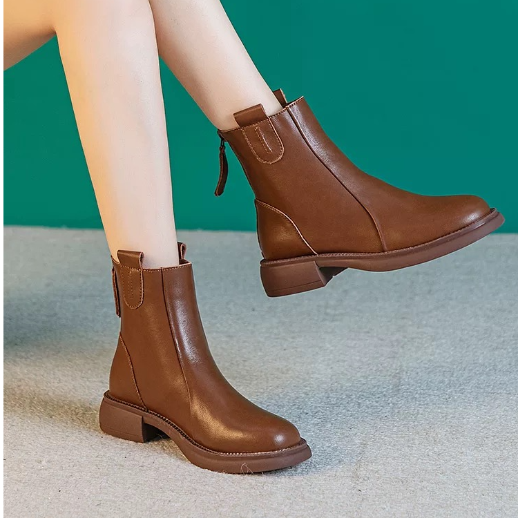 秋冬厚款女低跟后拉链耐磨马丁靴冬季筒靴英伦风