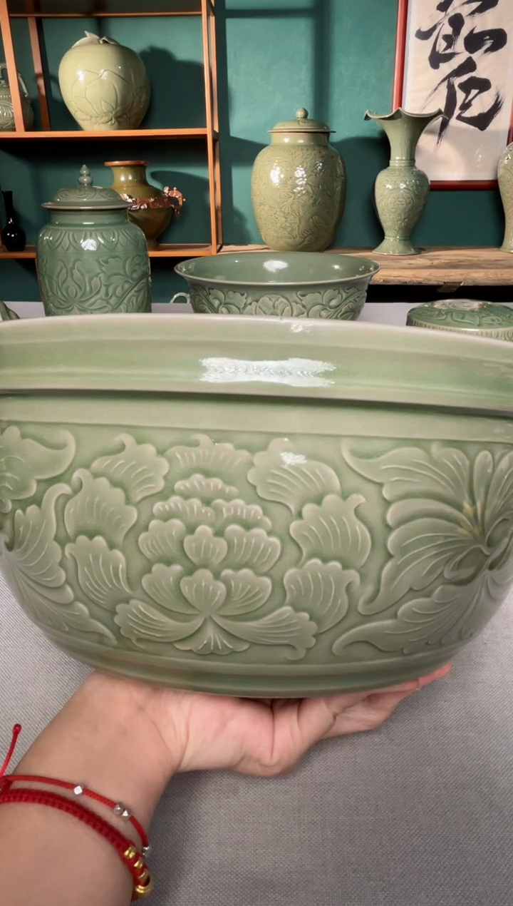 【闪购商品】其他耀州窑青釉牡丹瓷盆微瑕特价