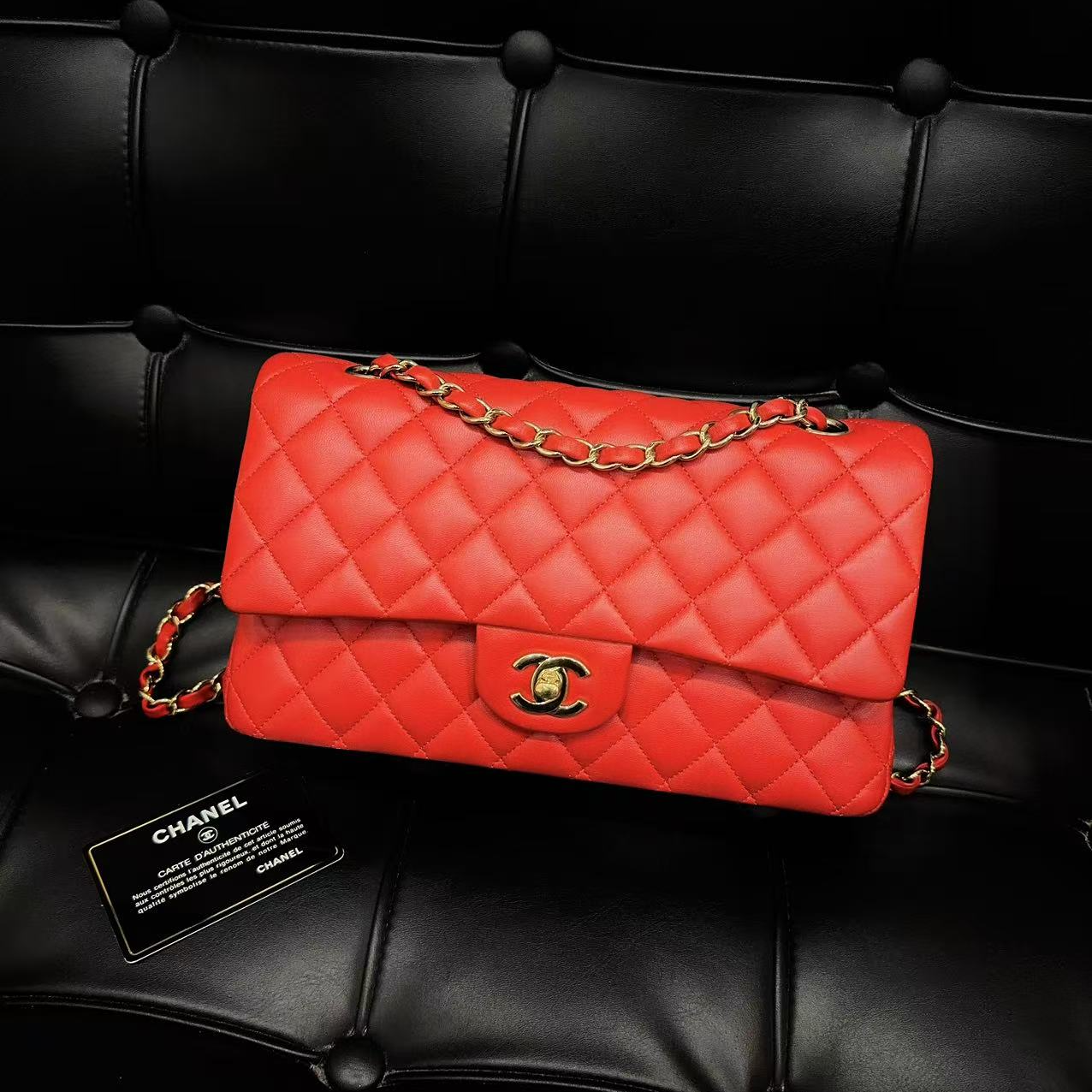 99新 Chanel/香奈儿 专场/红色金扣 CF中号 羊皮单肩包