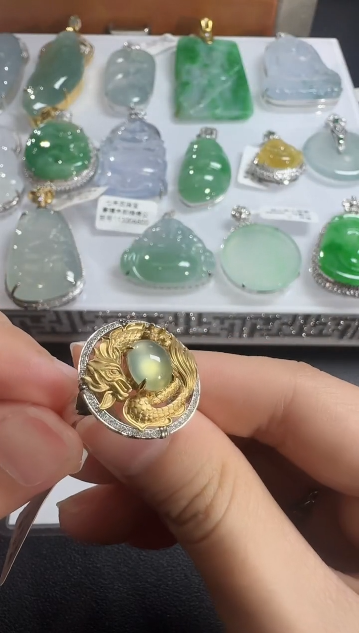 翡翠18K金镶嵌戒指【源头工厂】钻石镶嵌