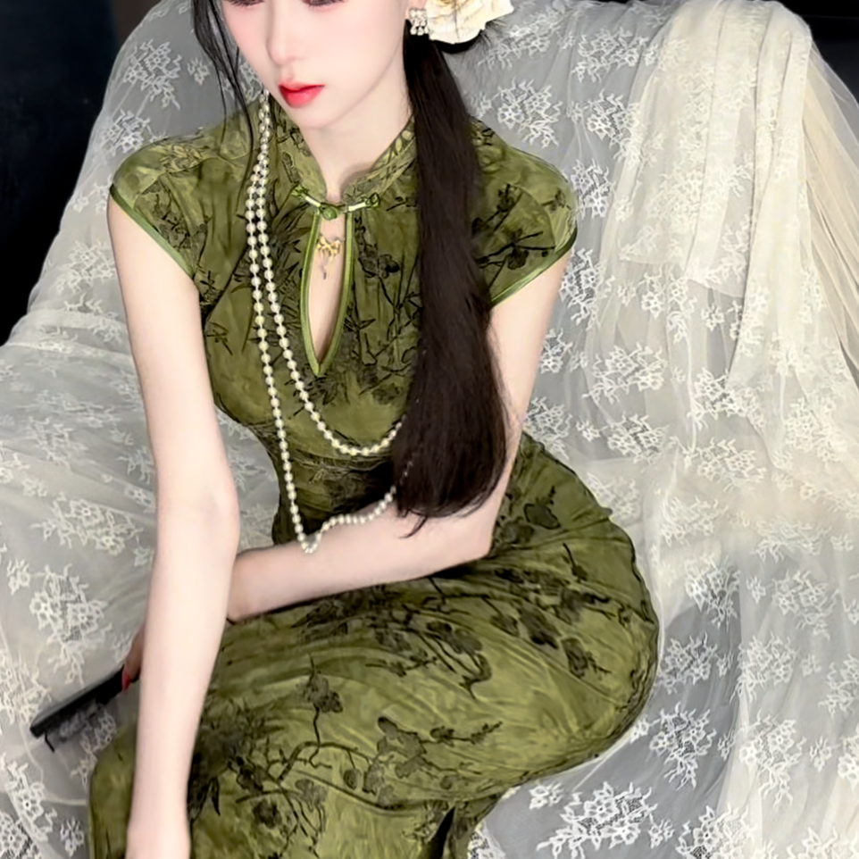 LHMknk1画报夫人原创自制显瘦植绒烧花新中式国风女士旗袍 采茶女