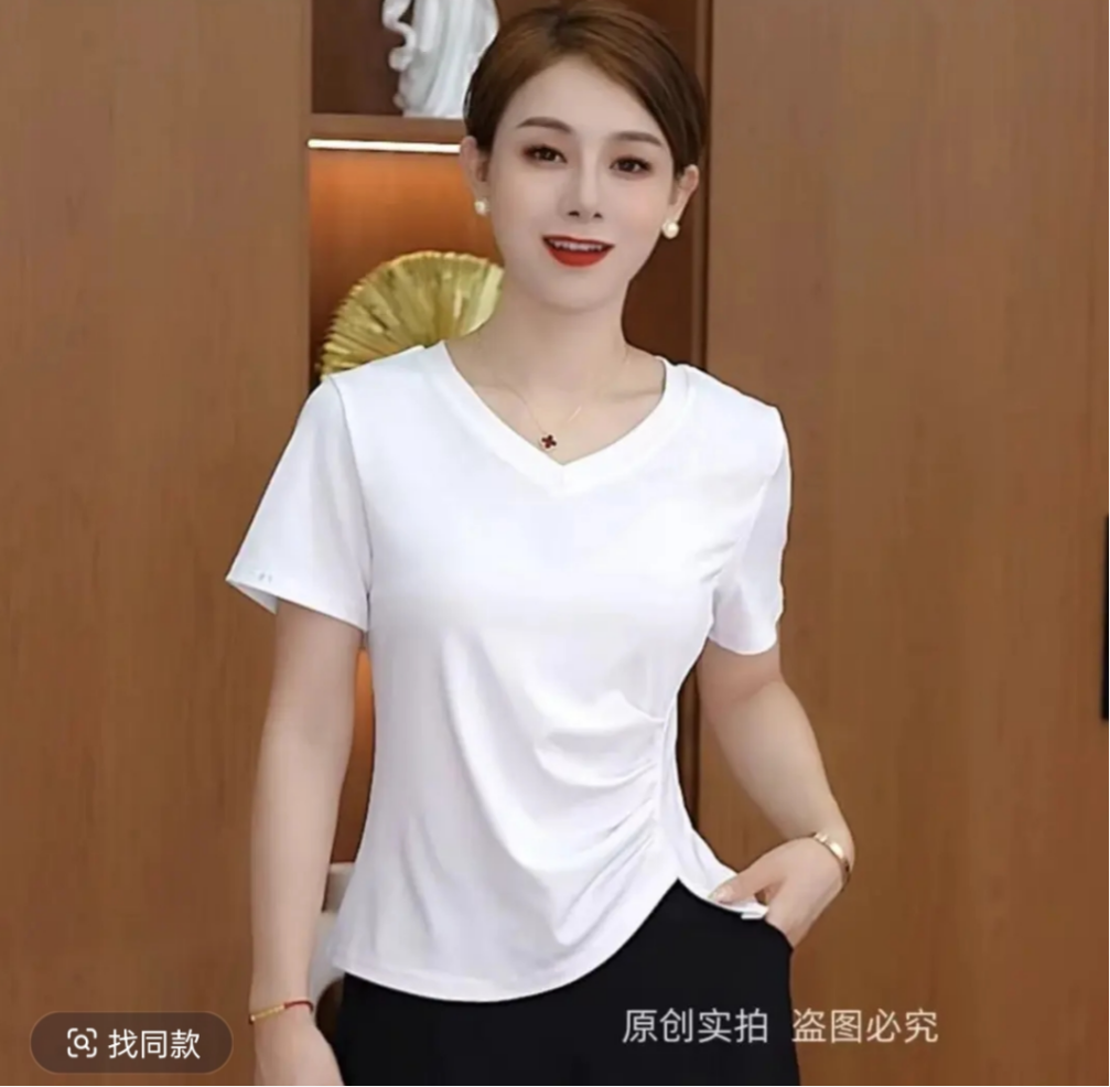 V领短袖不规则修身T恤女百搭设计感洋气显瘦上衣纯色气质夏季