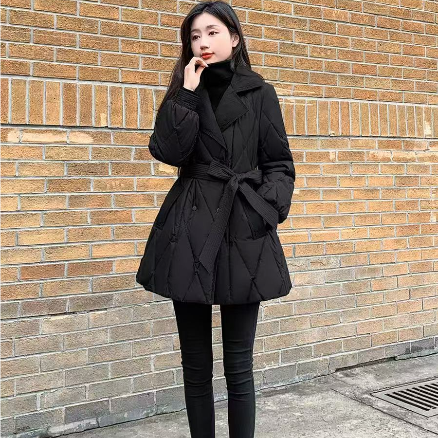 2025新款冬季女装收腰显瘦中长款羽绒棉服黑色小个子西装外套ins