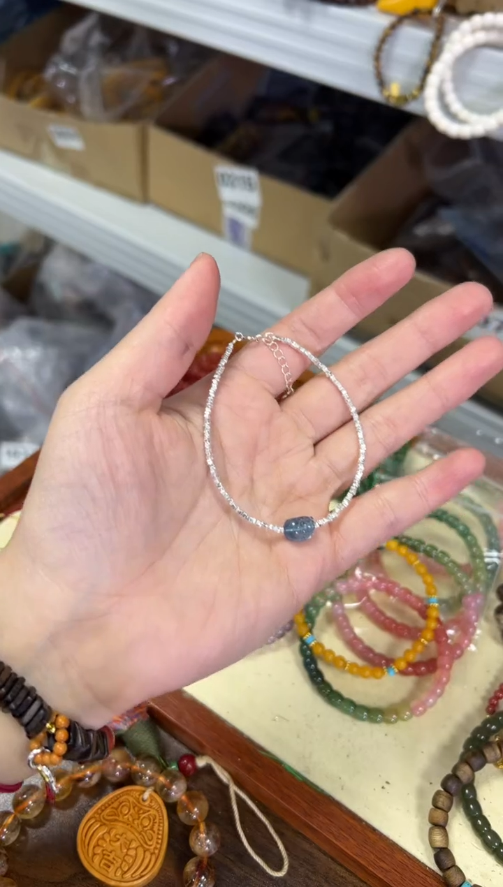 【闪购商品】海蓝宝石手链银S925镶嵌魔鬼蓝貔貅碎银子手链[1584]