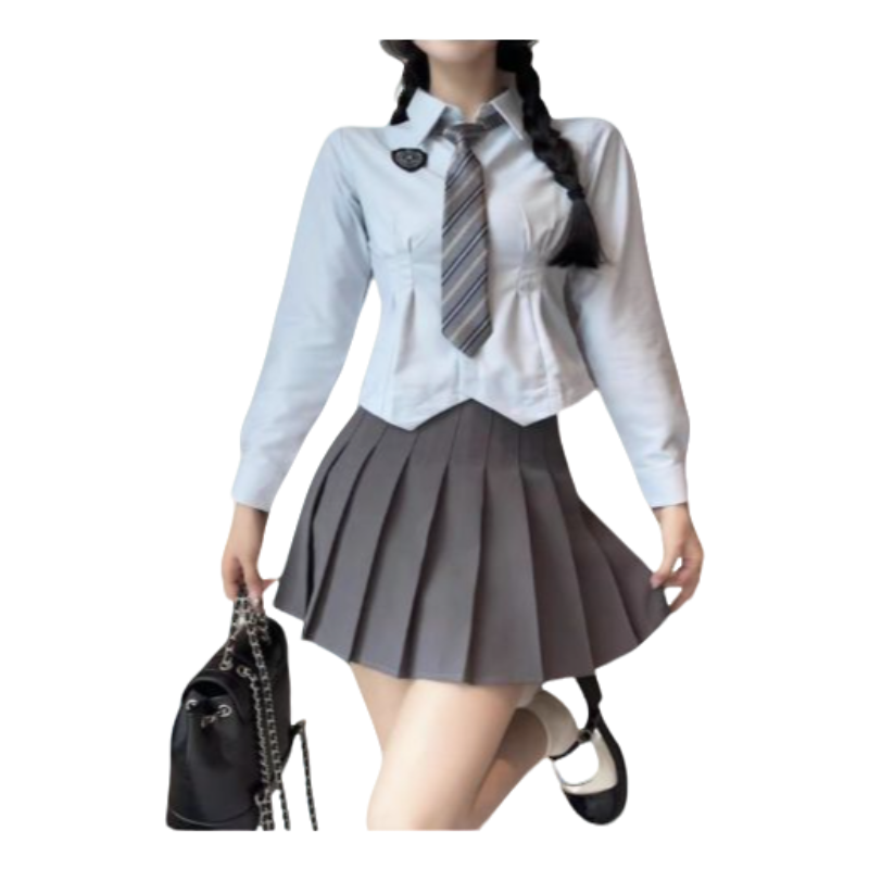 修身型学院风拉链衬衫学生短款服装高腰性感辣妹时尚夏季百褶