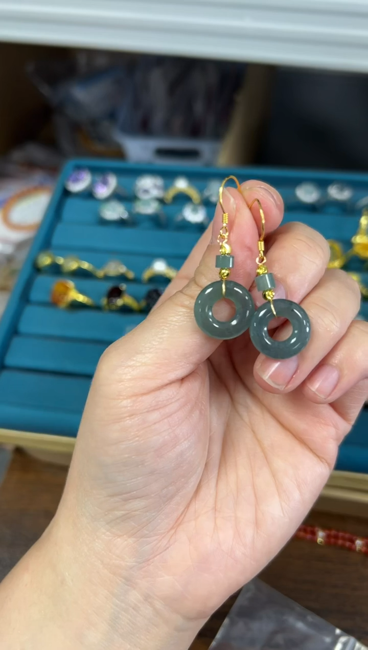 银S925镶嵌翡翠耳饰蓝水翡翠小平安扣银镶嵌耳环[563]