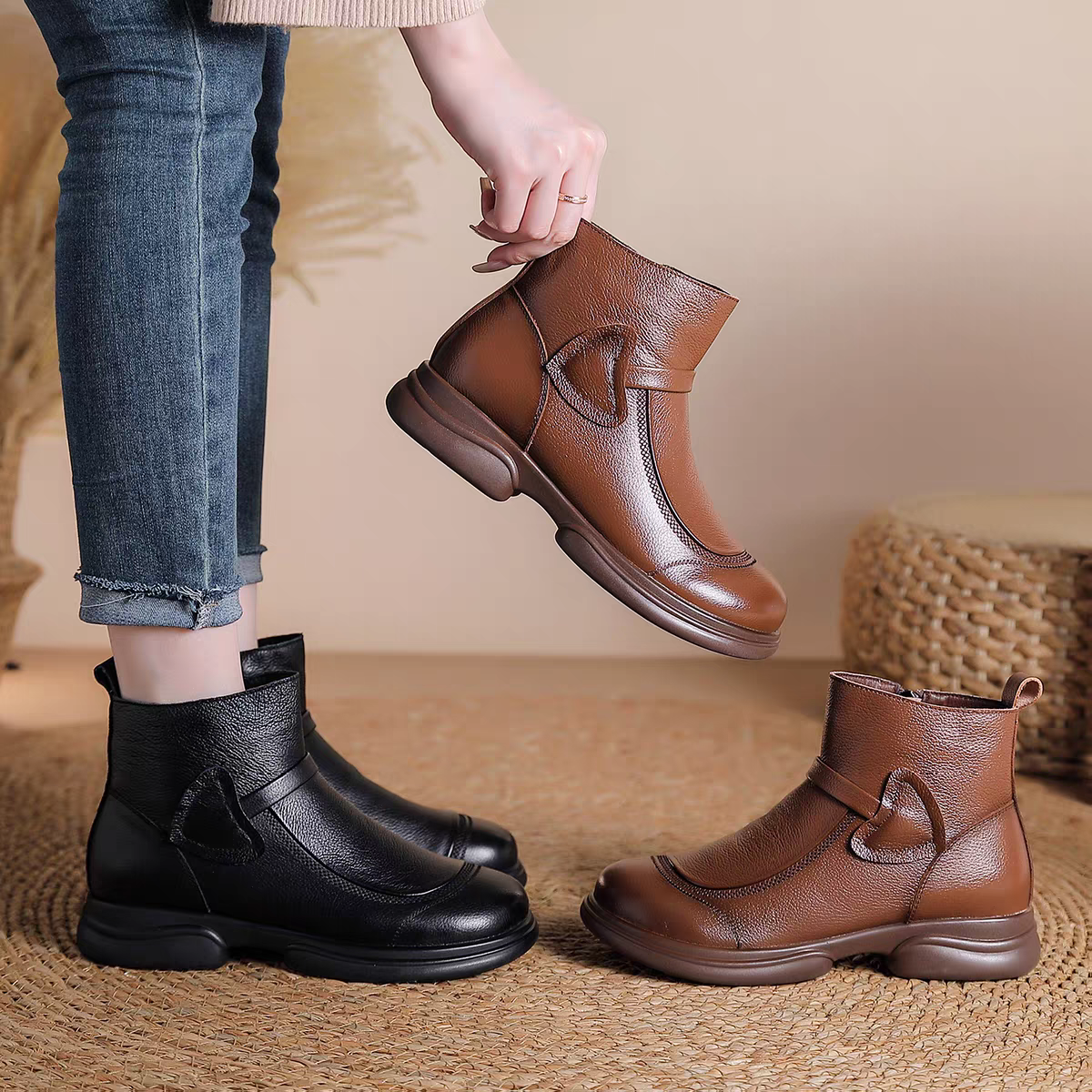 【源头厂家】2025秋冬新款女鞋厚底休闲软底防滑马丁靴侧拉链短靴